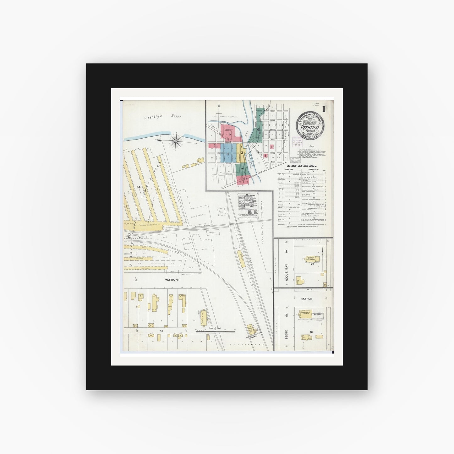 Old map wall art mockup — black gallery frame with white mat — Sanborn Fire Insurance Map from Peshtigo, Marinette County, Wisconsin (1904) - Complete Map Set