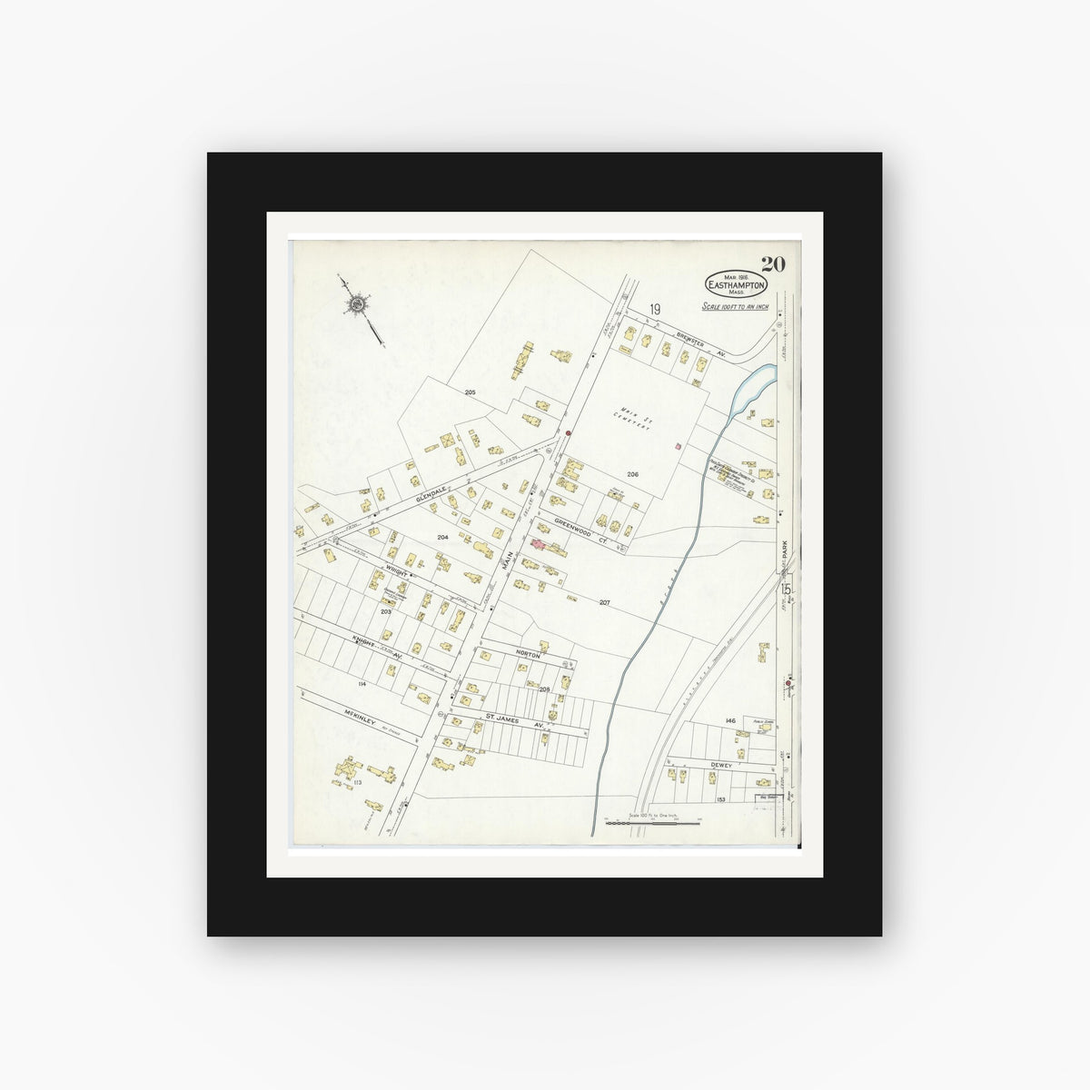 Old map wall art mockup — black gallery frame with white mat — Sanborn Fire Insurance Map from East Hampton, Hampshire County, Massachusetts (1916), Sheet #0020