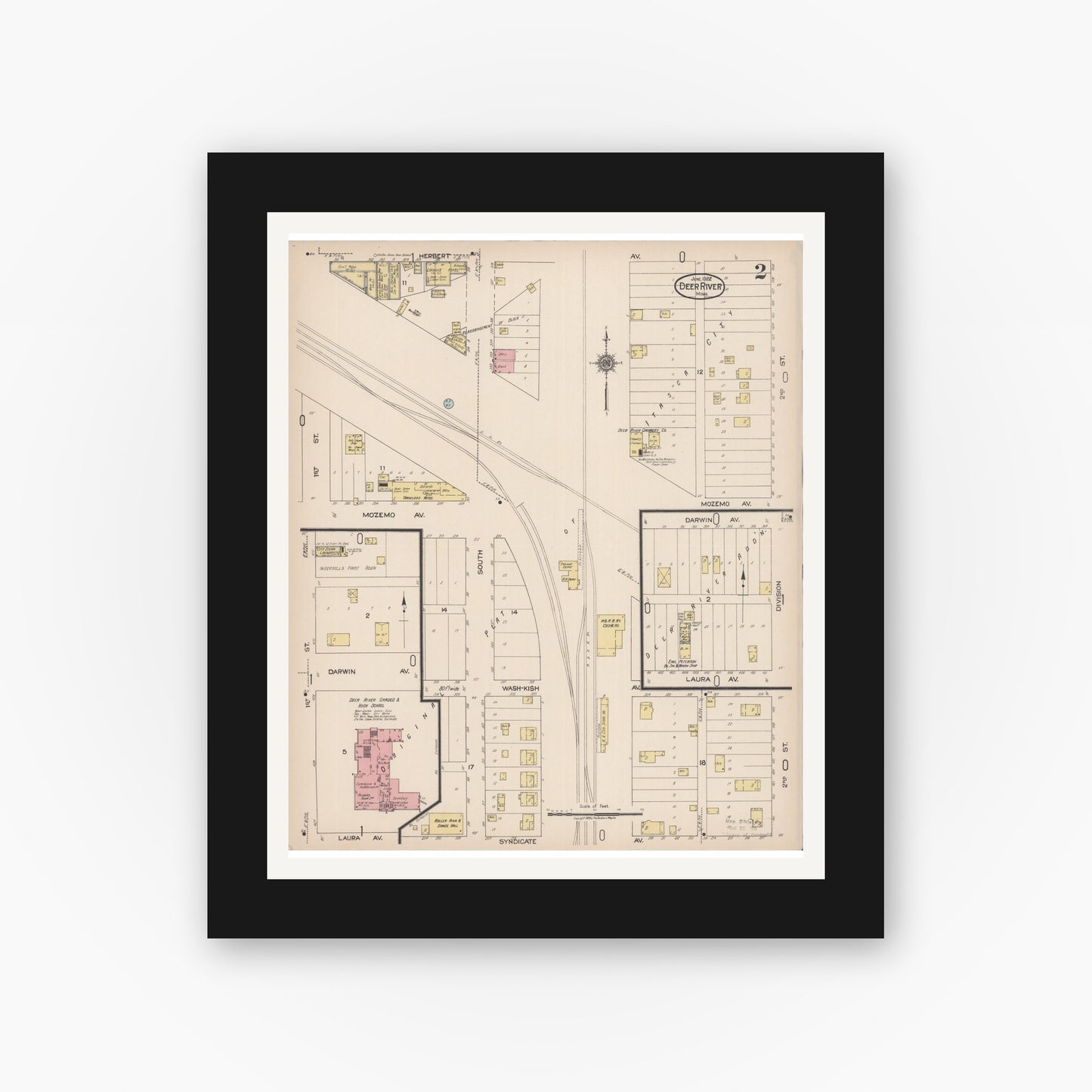 Old map wall art mockup — black gallery frame with white mat — Sanborn Fire Insurance Map from Deer River, Itasca County, Minnesota (1922), Sheet #0002