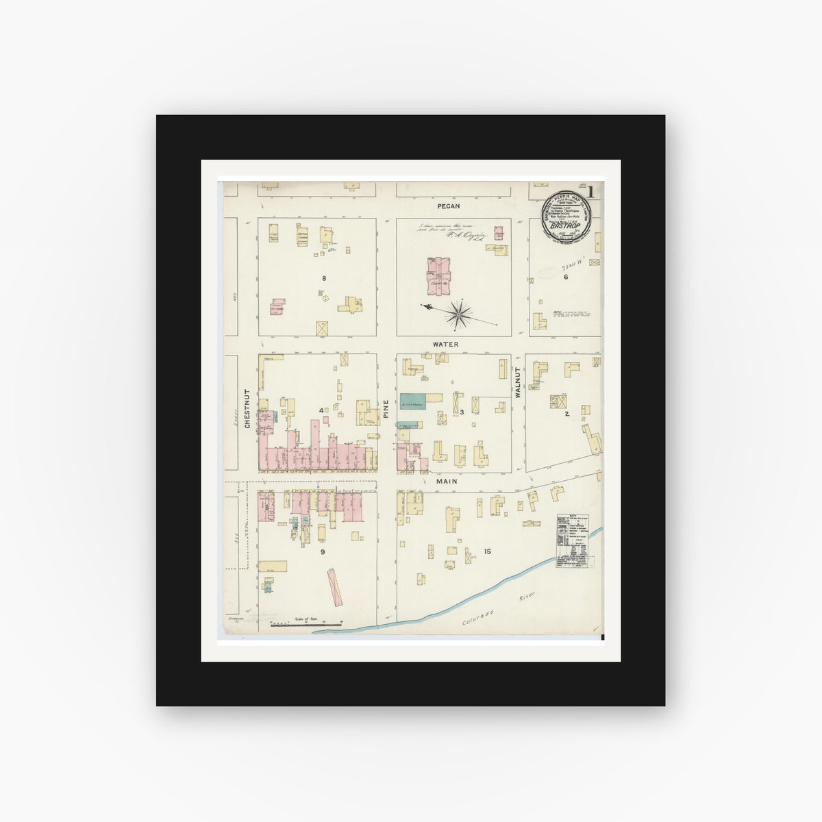 Old map wall art mockup — black gallery frame with white mat — Sanborn Fire Insurance Map from Bastrop, Bastrop County, Texas (1891) - Complete Map Set