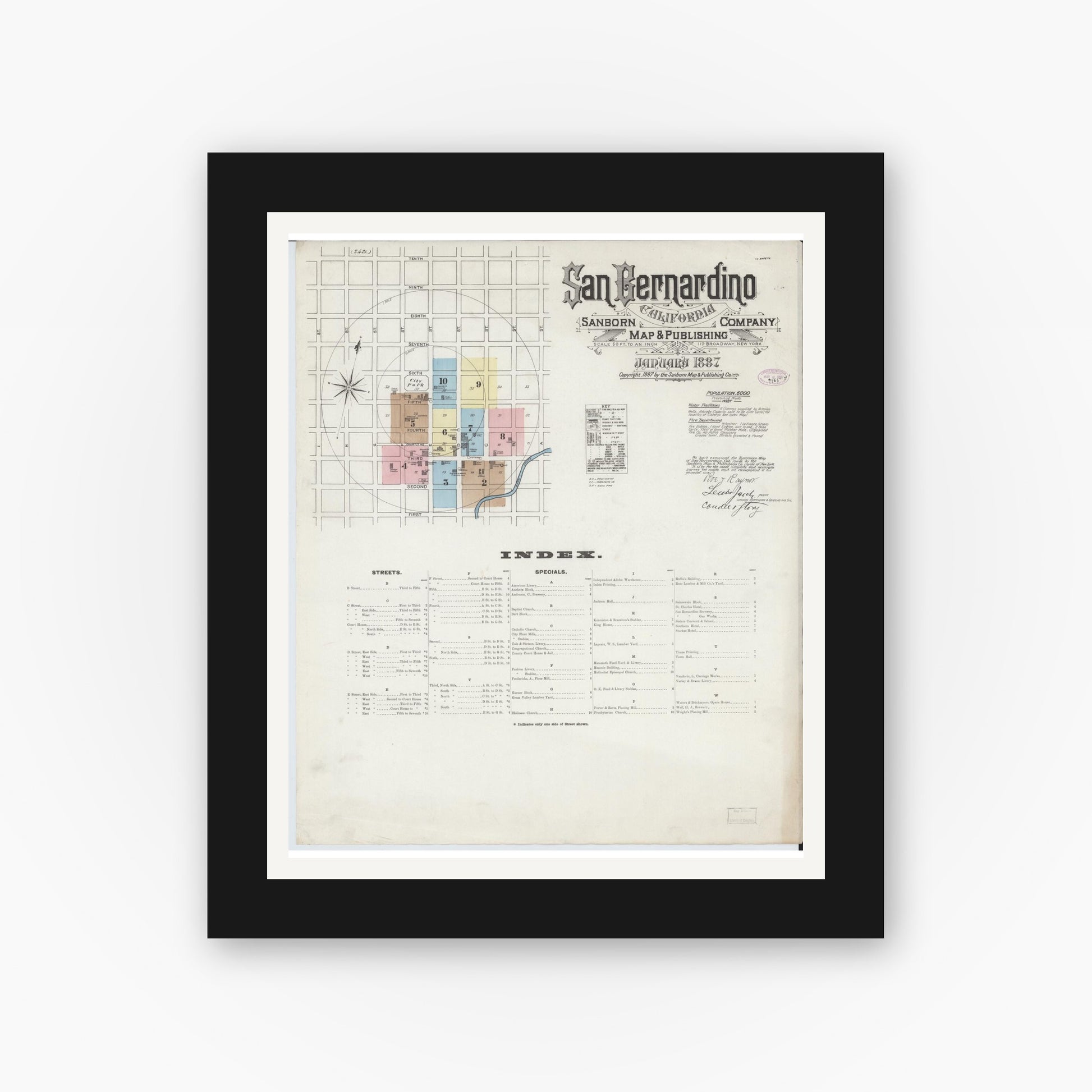 Old map wall art mockup — black gallery frame with white mat — Sanborn Fire Insurance Map from San Bernardino, San Bernardino County, California (1887) - Complete Map Set