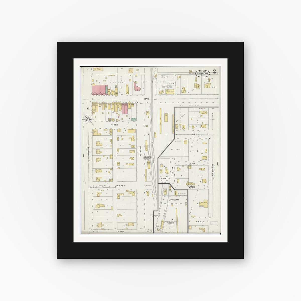 Old map wall art mockup — black gallery frame with white mat — Sanborn Fire Insurance Map from Lovington, Moultrie County, Illinois (1899), Sheet #0002