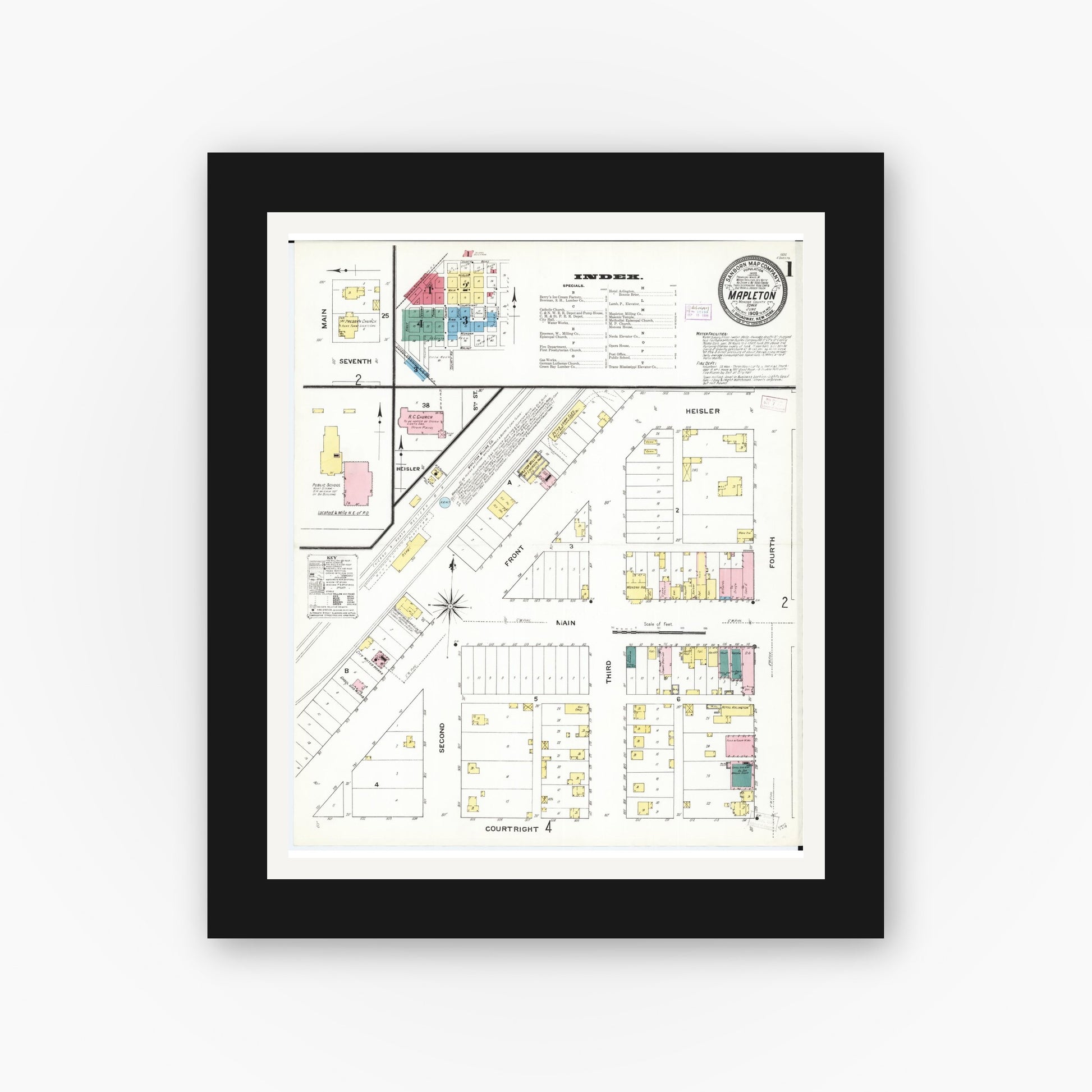 Old map wall art mockup — black gallery frame with white mat — Sanborn Fire Insurance Map from Mapleton, Monona County, Iowa (1909), Sheet #0001