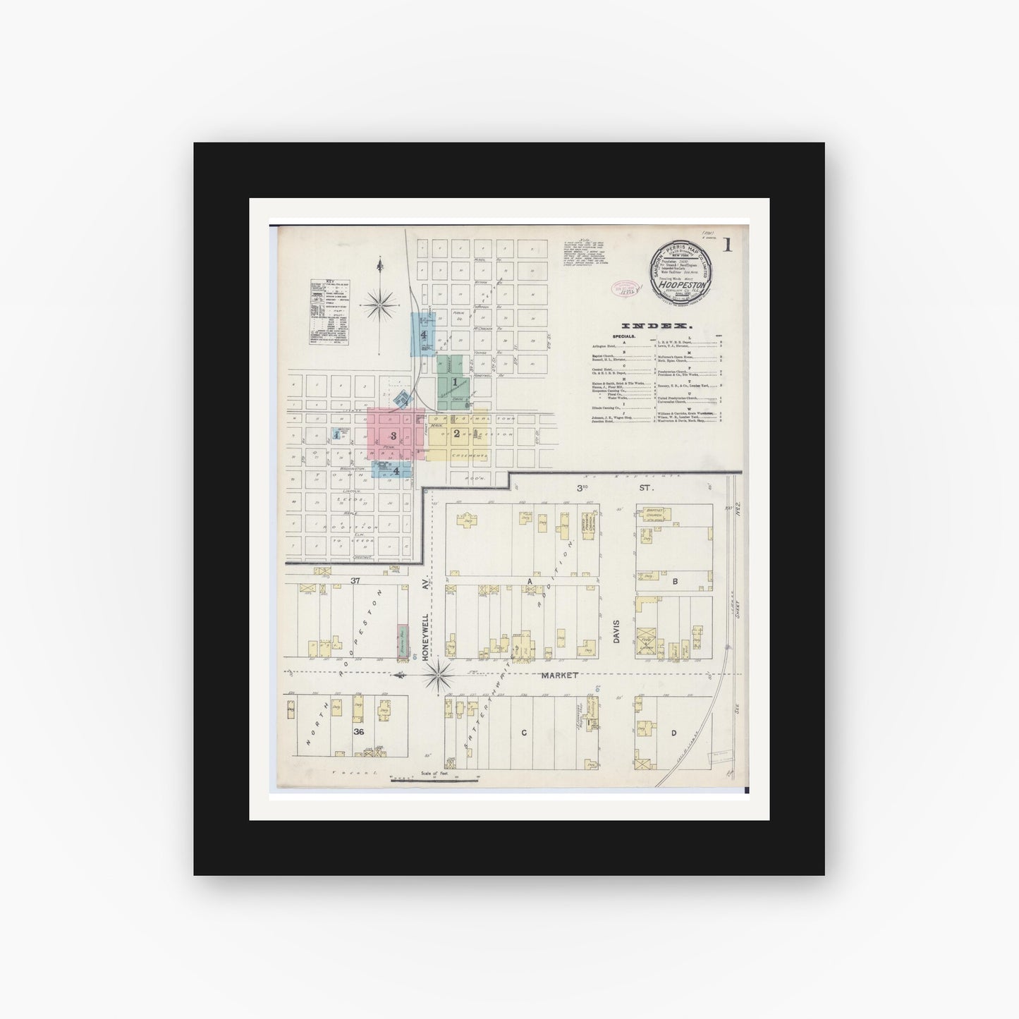 Old map wall art mockup — black gallery frame with white mat — Sanborn Fire Insurance Map from Hoopeston, Vermilion County, Illinois (1890), Sheet #0001