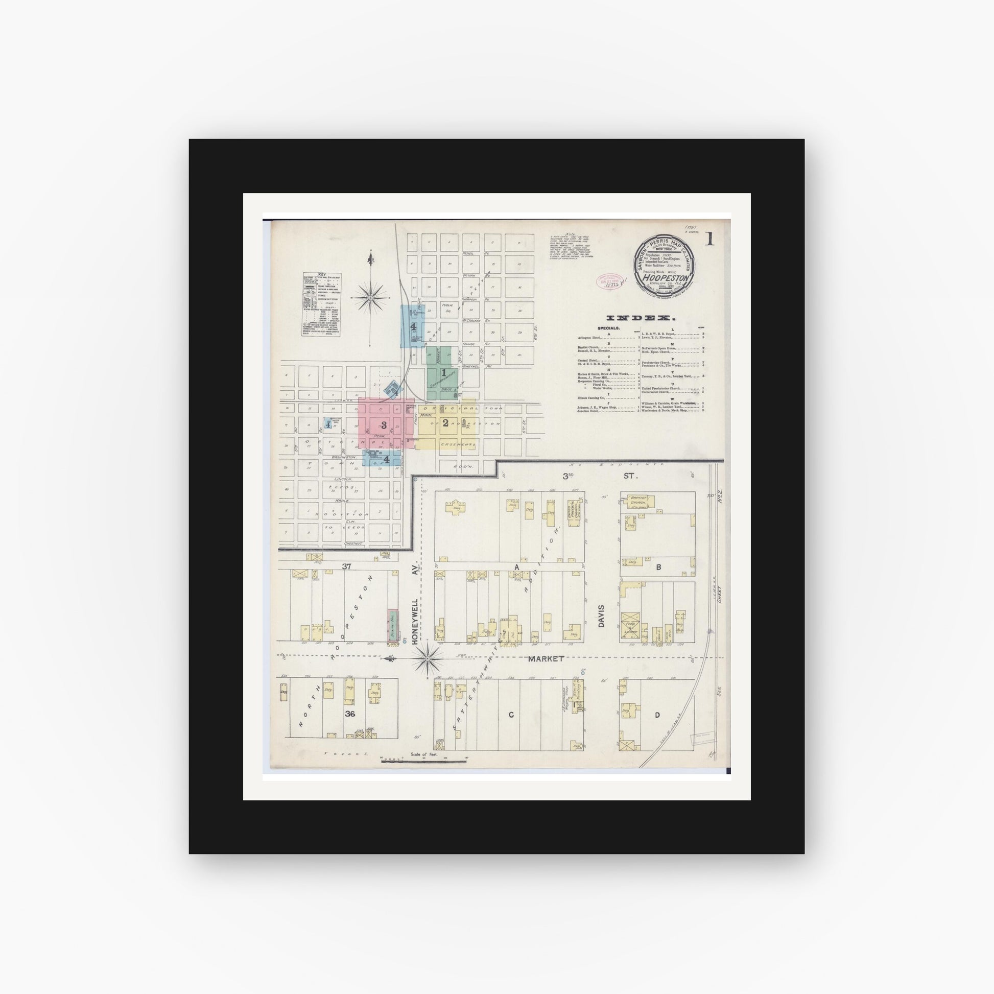 Old map wall art mockup — black gallery frame with white mat — Sanborn Fire Insurance Map from Hoopeston, Vermilion County, Illinois (1890), Sheet #0001