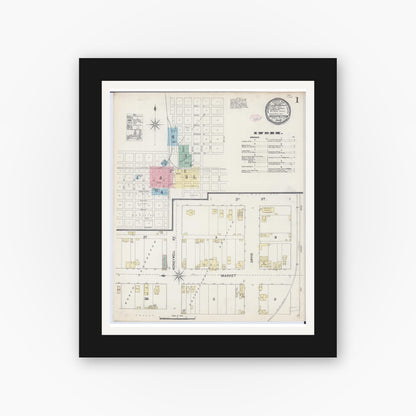 Old map wall art mockup — black gallery frame with white mat — Sanborn Fire Insurance Map from Hoopeston, Vermilion County, Illinois (1890), Sheet #0001