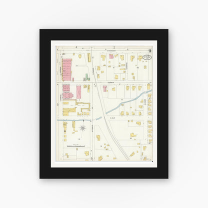 Old map wall art mockup — black gallery frame with white mat — Sanborn Fire Insurance Map from Tyler, Smith County, Texas (1898), Sheet #0003