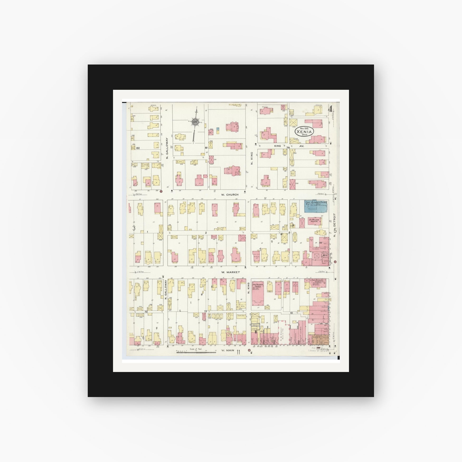 Old map wall art mockup — black gallery frame with white mat — Sanborn Fire Insurance Map from Xenia, Greene County, Ohio (1910), Sheet #0004