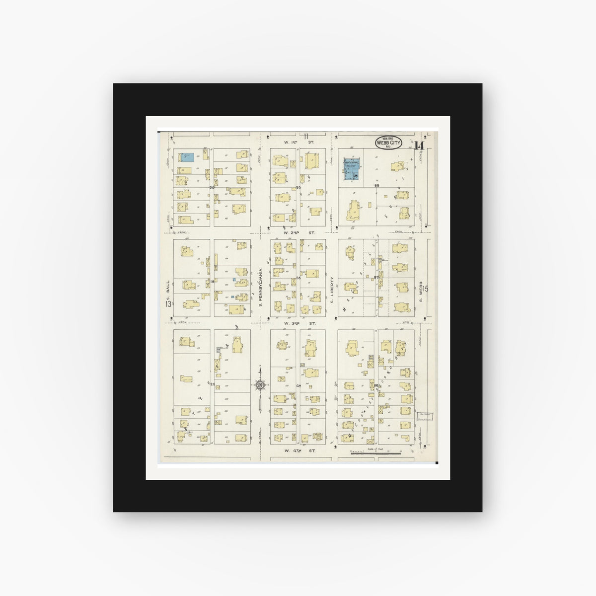 Old map wall art mockup — black gallery frame with white mat — Sanborn Fire Insurance Map from Webb City, Jasper County, Missouri (1915), Sheet #0014