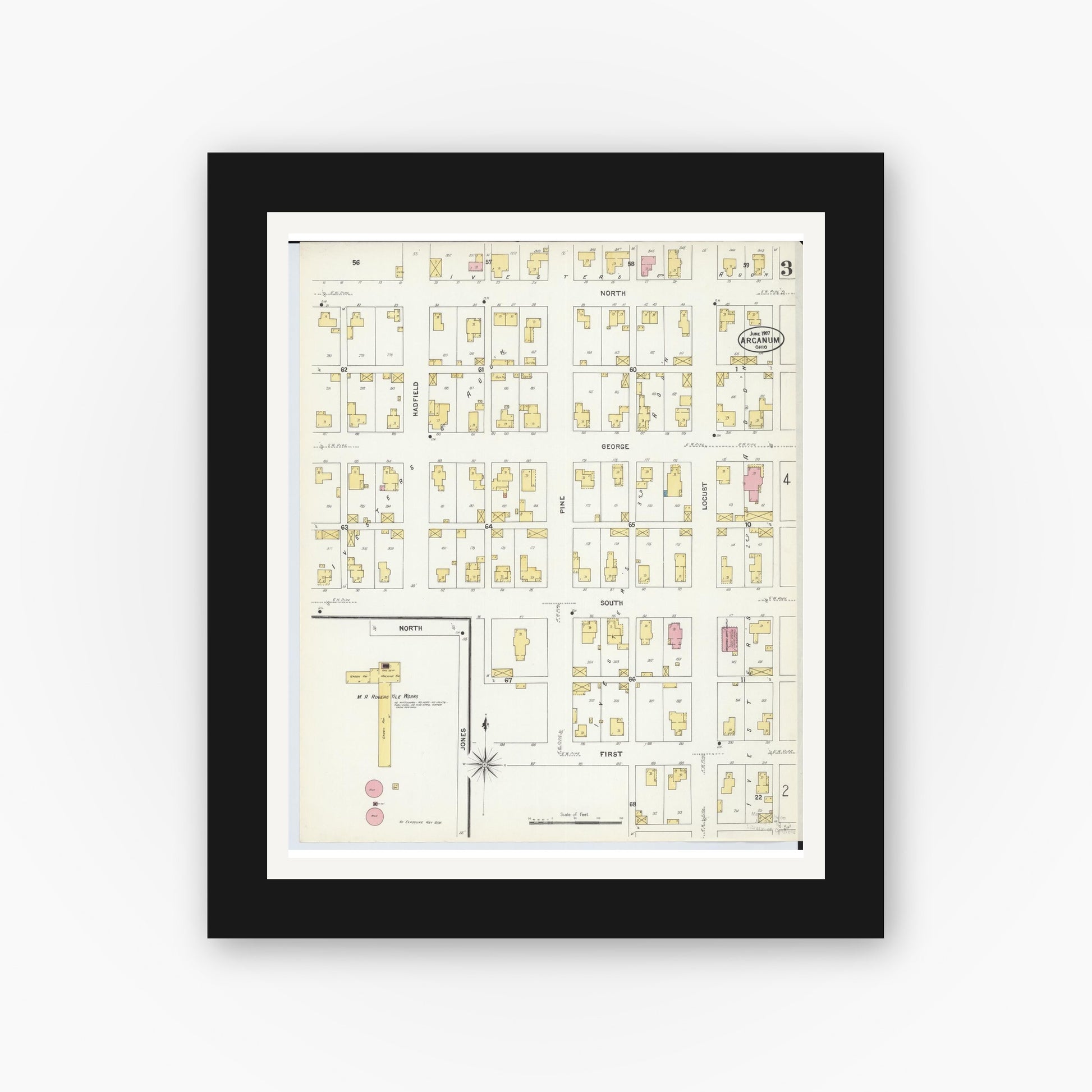 Old map wall art mockup — black gallery frame with white mat — Sanborn Fire Insurance Map from Arcanum, Darke County, Ohio (1907), Sheet #0003