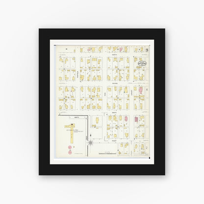 Old map wall art mockup — black gallery frame with white mat — Sanborn Fire Insurance Map from Arcanum, Darke County, Ohio (1907), Sheet #0003