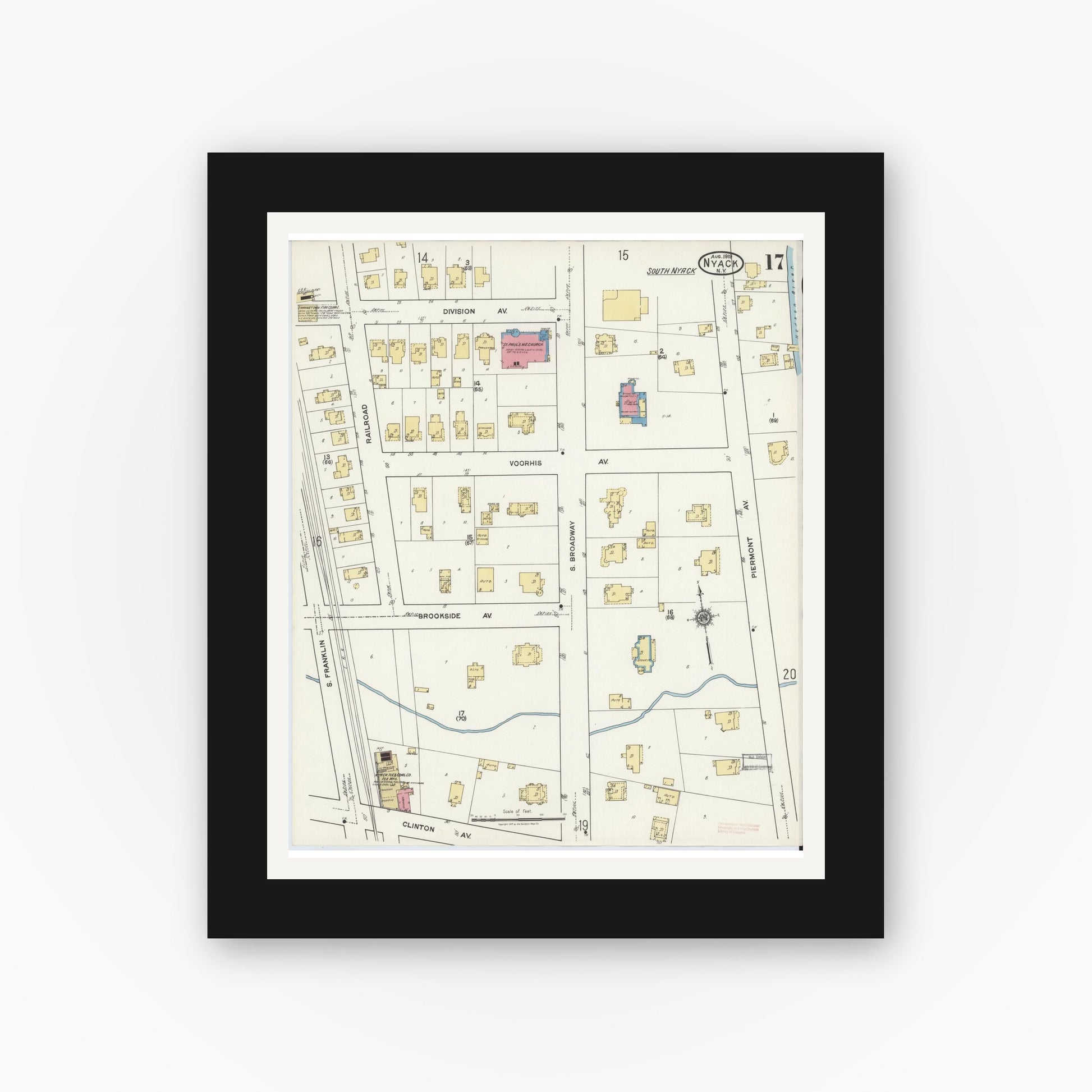 Old map wall art mockup — black gallery frame with white mat — Sanborn Fire Insurance Map from Nyack, Rockland County, New York. (1919), Sheet #0017