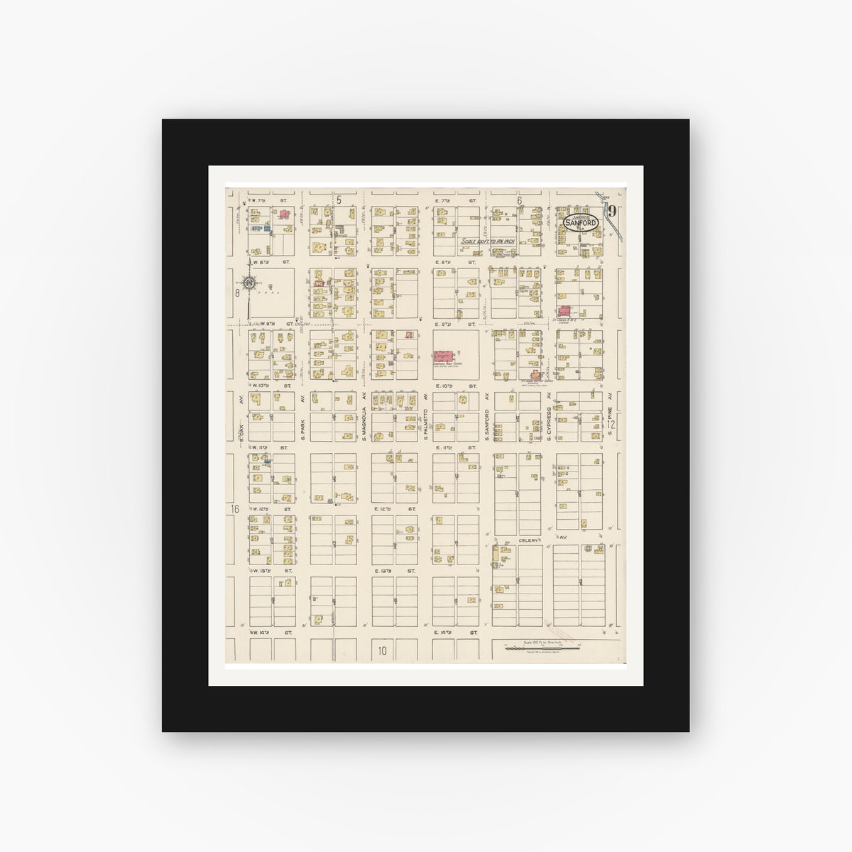 Old map wall art mockup — black gallery frame with white mat — Sanborn Fire Insurance Map from Sanford, Seminole County, Florida (1922), Sheet #0009