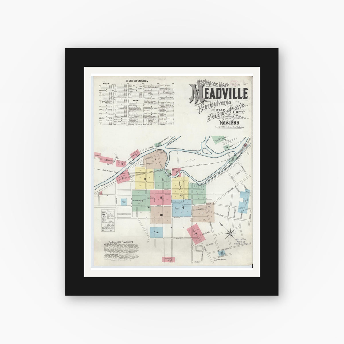 Old map wall art mockup — black gallery frame with white mat — Sanborn Fire Insurance Map from Meadville, Crawford County, Pennsylvania (1896), Sheet #0001