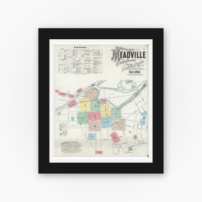 Old map wall art mockup — black gallery frame with white mat — Sanborn Fire Insurance Map from Meadville, Crawford County, Pennsylvania (1896), Sheet #0001