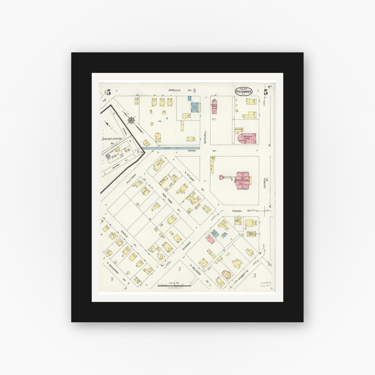 Old map wall art mockup — black gallery frame with white mat — Sanborn Fire Insurance Map from Kissimmee, Osceola County, Florida (1926), Sheet #0005