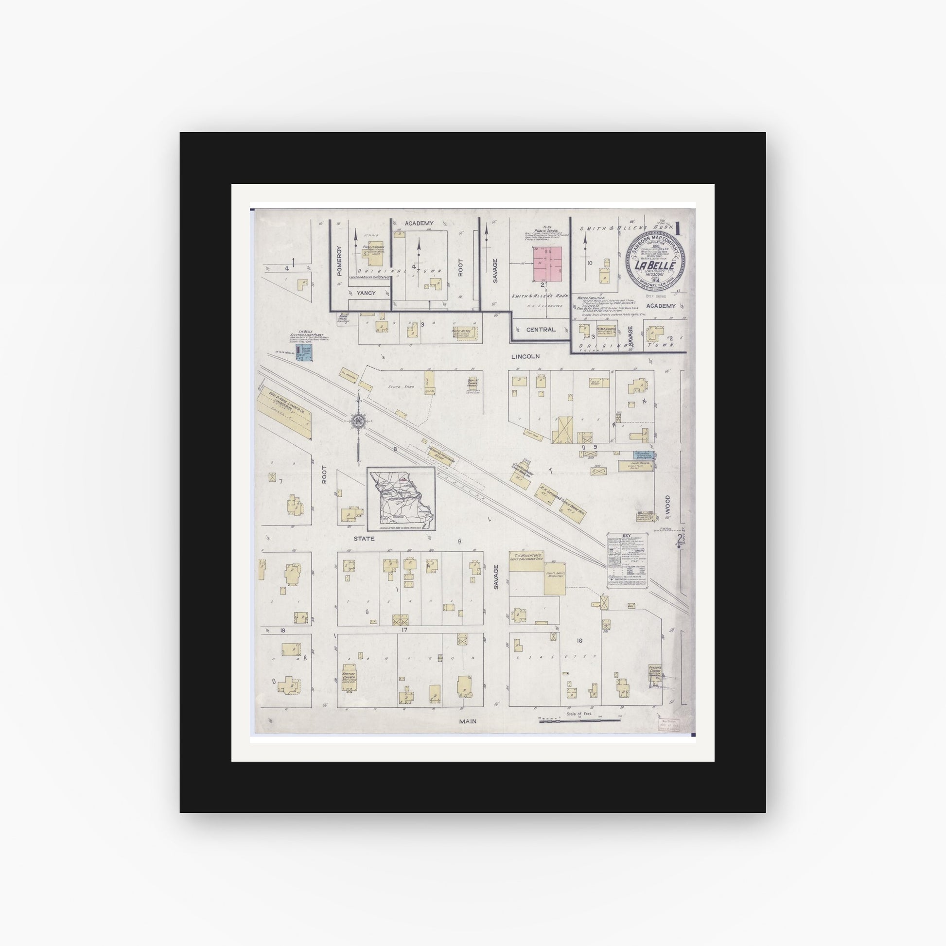 Old map wall art mockup — black gallery frame with white mat — Sanborn Fire Insurance Map from La Belle, Lewis County, Missouri (1914), Sheet #0001