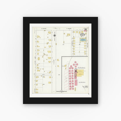 Old map wall art mockup — black gallery frame with white mat — Sanborn Fire Insurance Map from Denton, Denton County, Texas (1921), Sheet #0010