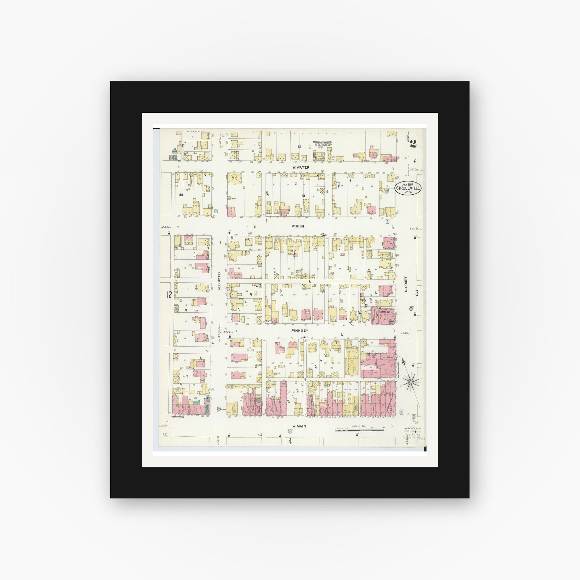 Old map wall art mockup — black gallery frame with white mat — Sanborn Fire Insurance Map from Circleville, Pickaway County, Ohio (1907), Sheet #0002