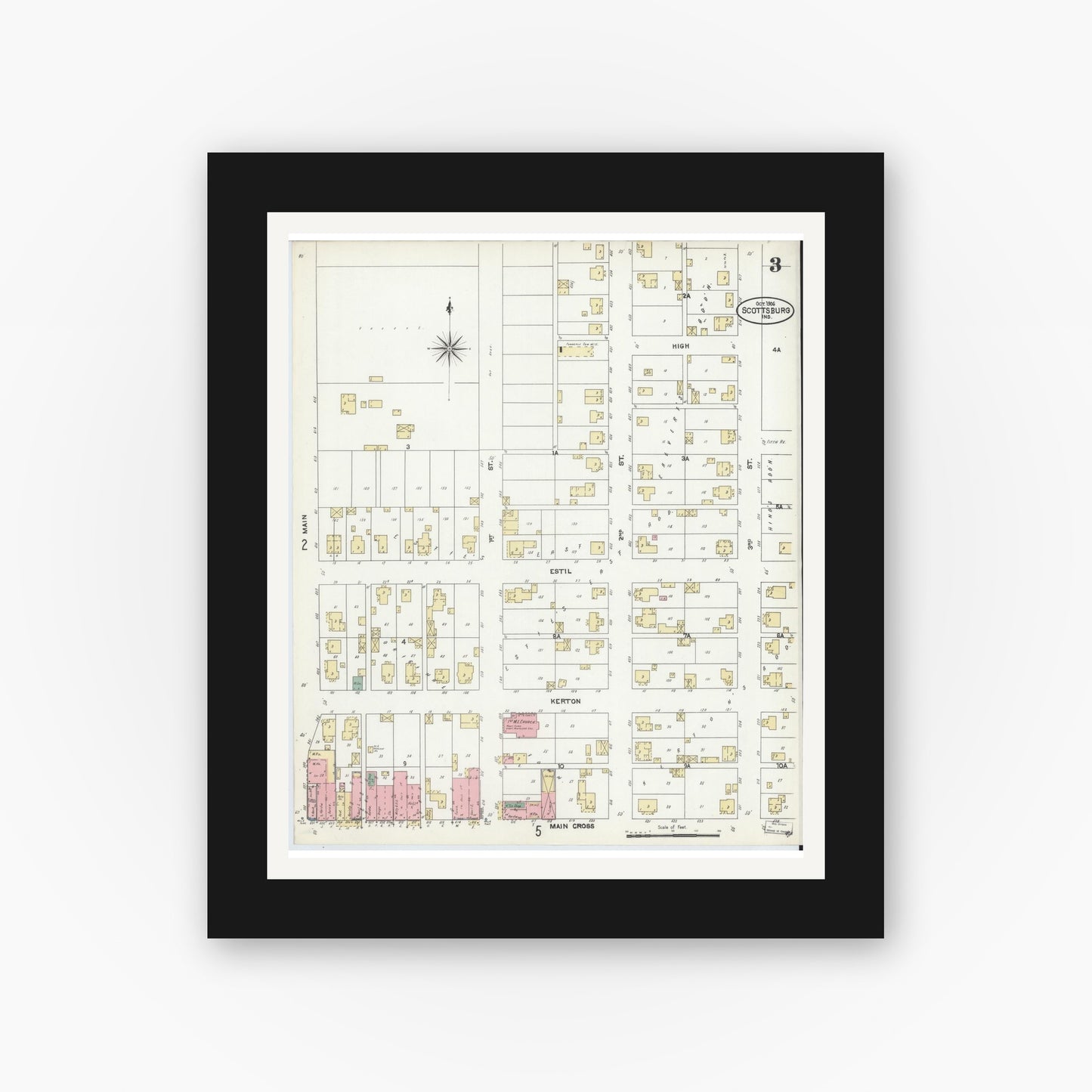 Old map wall art mockup — black gallery frame with white mat — Sanborn Fire Insurance Map from Scottsburg, Scott County, Indiana (1906), Sheet #0003