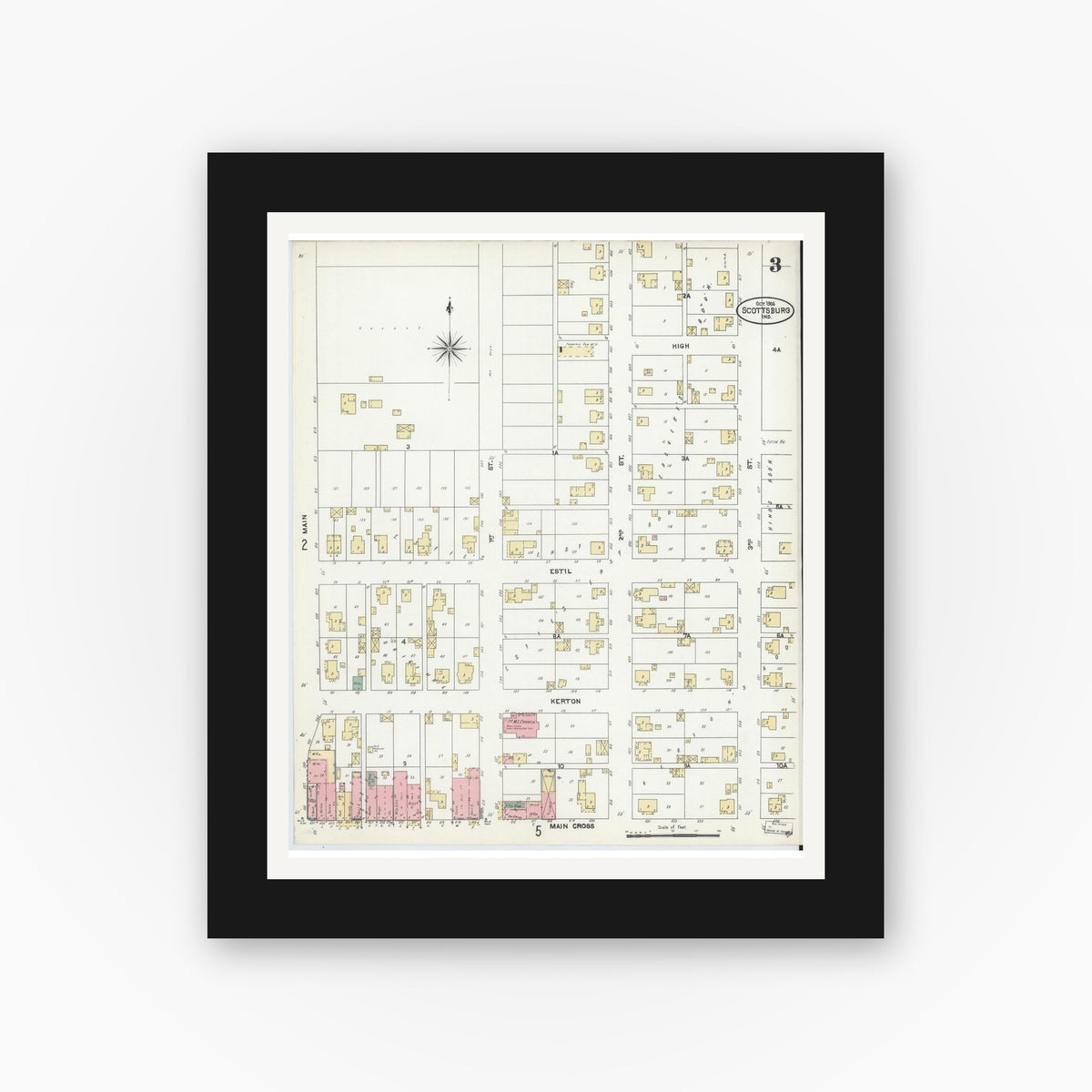 Old map wall art mockup — black gallery frame with white mat — Sanborn Fire Insurance Map from Scottsburg, Scott County, Indiana (1906), Sheet #0003