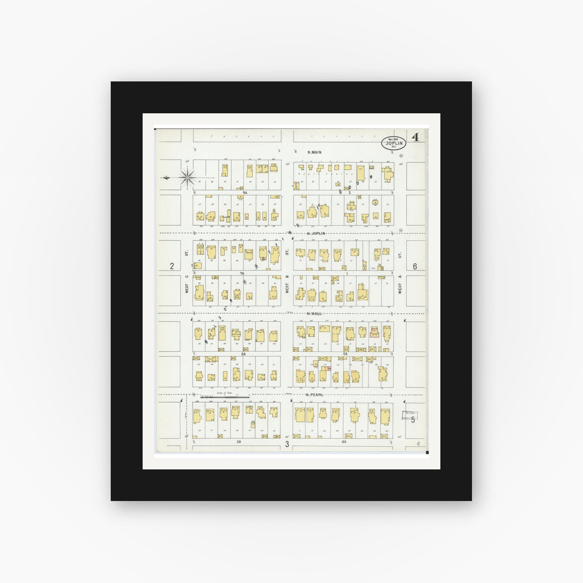 Old map wall art mockup — black gallery frame with white mat — Sanborn Fire Insurance Map from Joplin, Jasper County, Missouri (1900), Sheet #0004