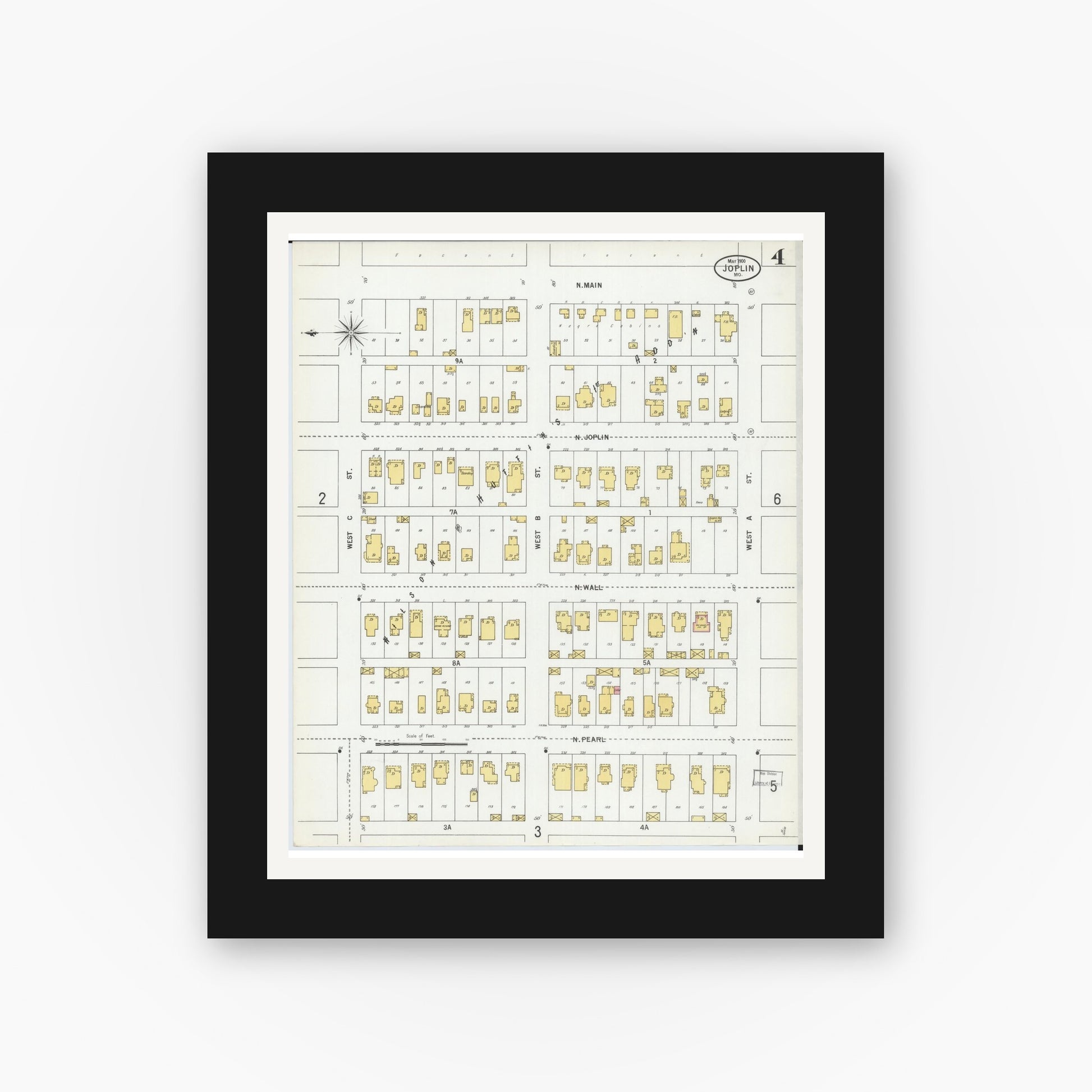Old map wall art mockup — black gallery frame with white mat — Sanborn Fire Insurance Map from Joplin, Jasper County, Missouri (1900), Sheet #0004