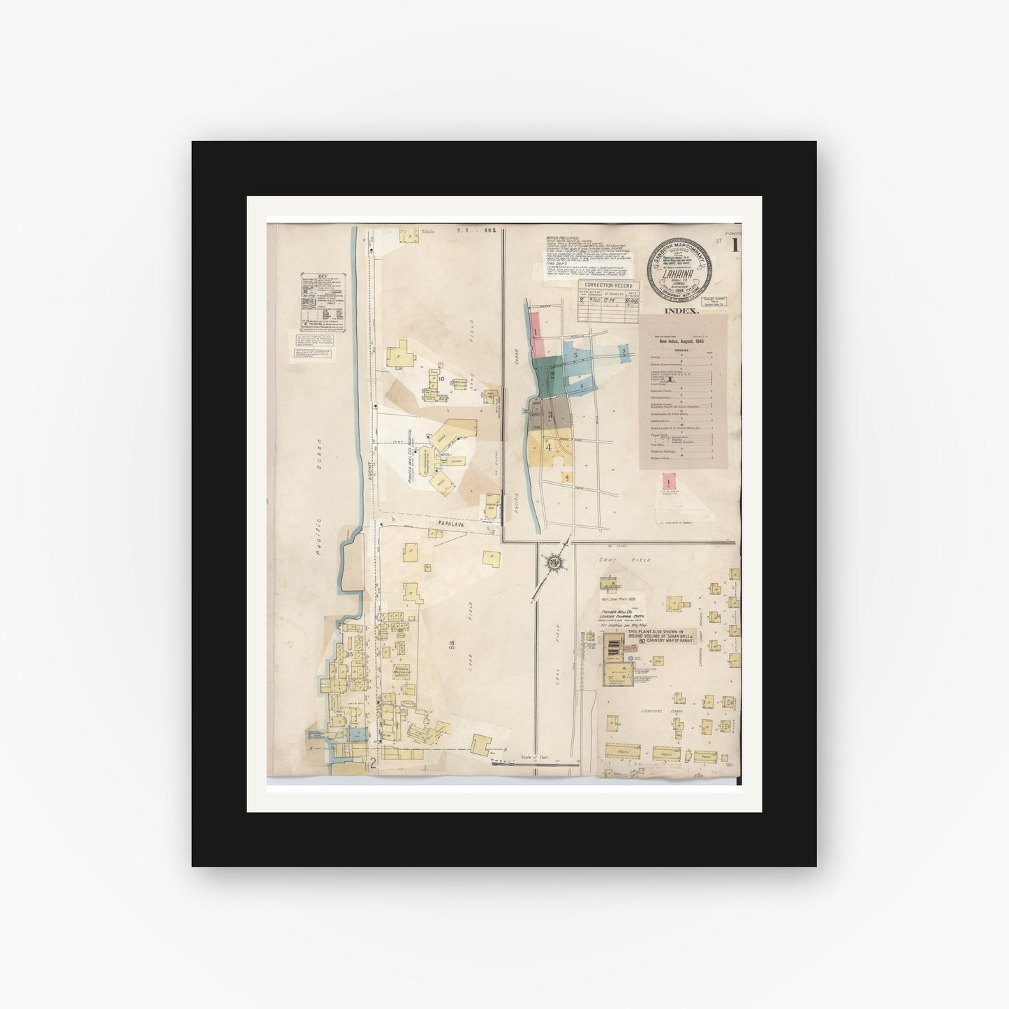 Old map wall art mockup — black gallery frame with white mat — Sanborn Fire Insurance Map from Lahaina, Maui County, Hawaii (1950), Sheet #0001