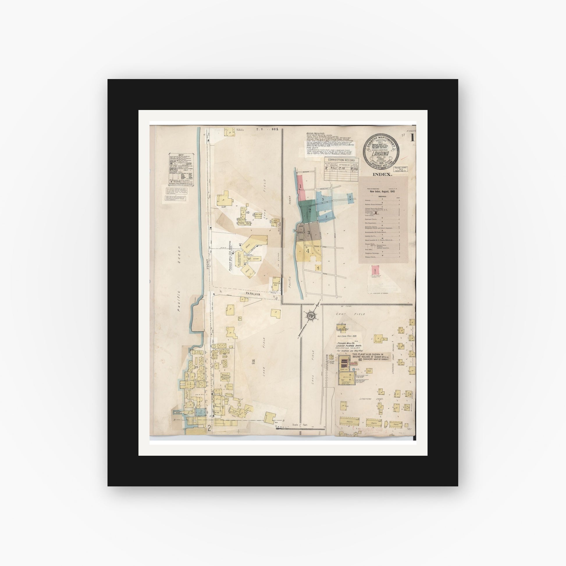 Old map wall art mockup — black gallery frame with white mat — Sanborn Fire Insurance Map from Lahaina, Maui County, Hawaii (1950), Sheet #0001