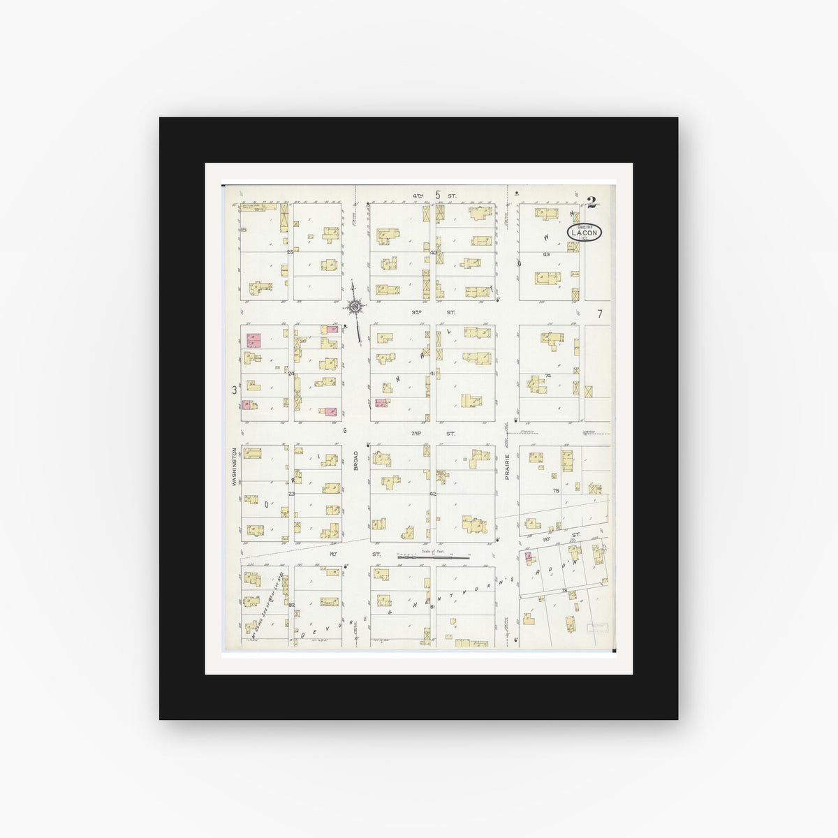 Old map wall art mockup — black gallery frame with white mat — Sanborn Fire Insurance Map from Lacon, Marshall County, Illinois (1913), Sheet #0002