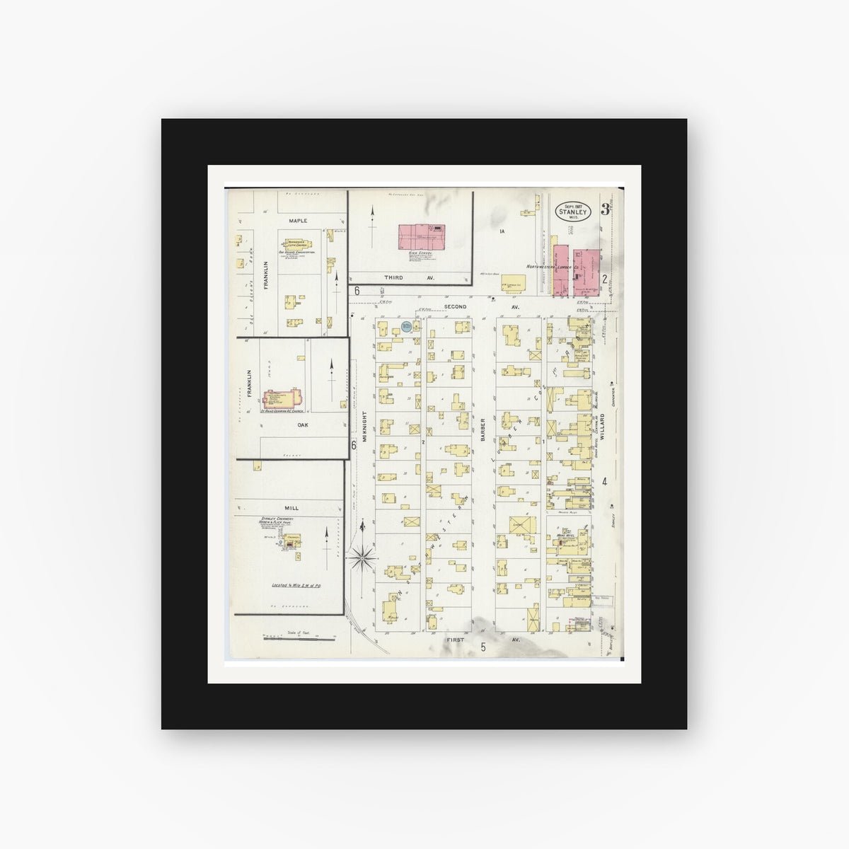 Old map wall art mockup — black gallery frame with white mat — Sanborn Fire Insurance Map from Stanley, Chippewa County, Wisconsin (1907), Sheet #0003