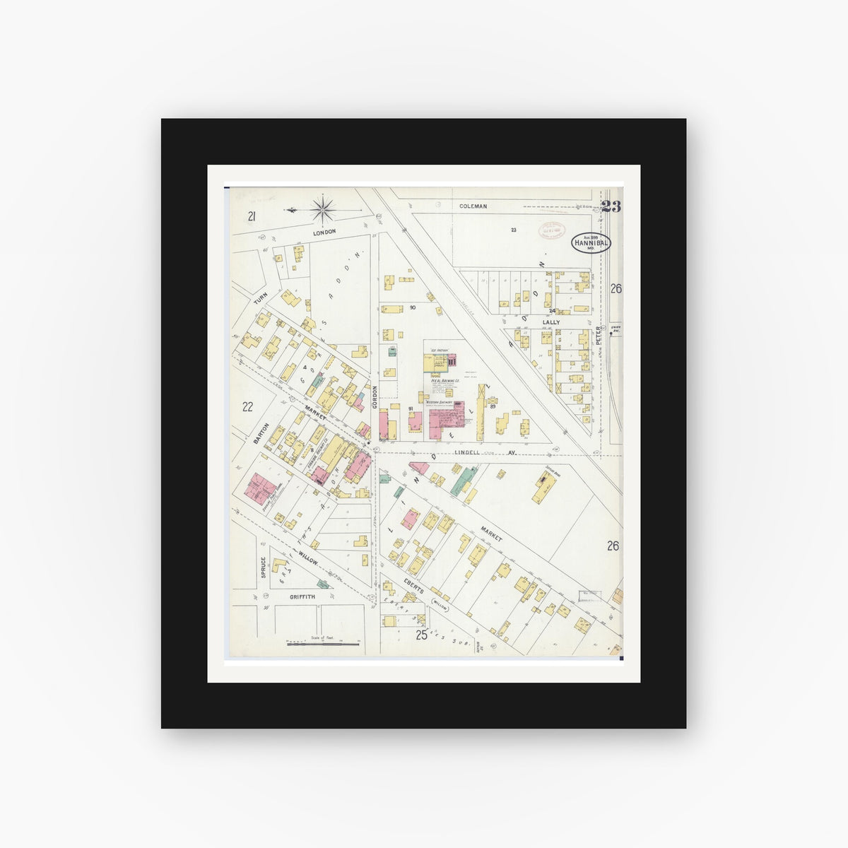 Old map wall art mockup — black gallery frame with white mat — Sanborn Fire Insurance Map from Hannibal, Marion County, Missouri (1899), Sheet #0023
