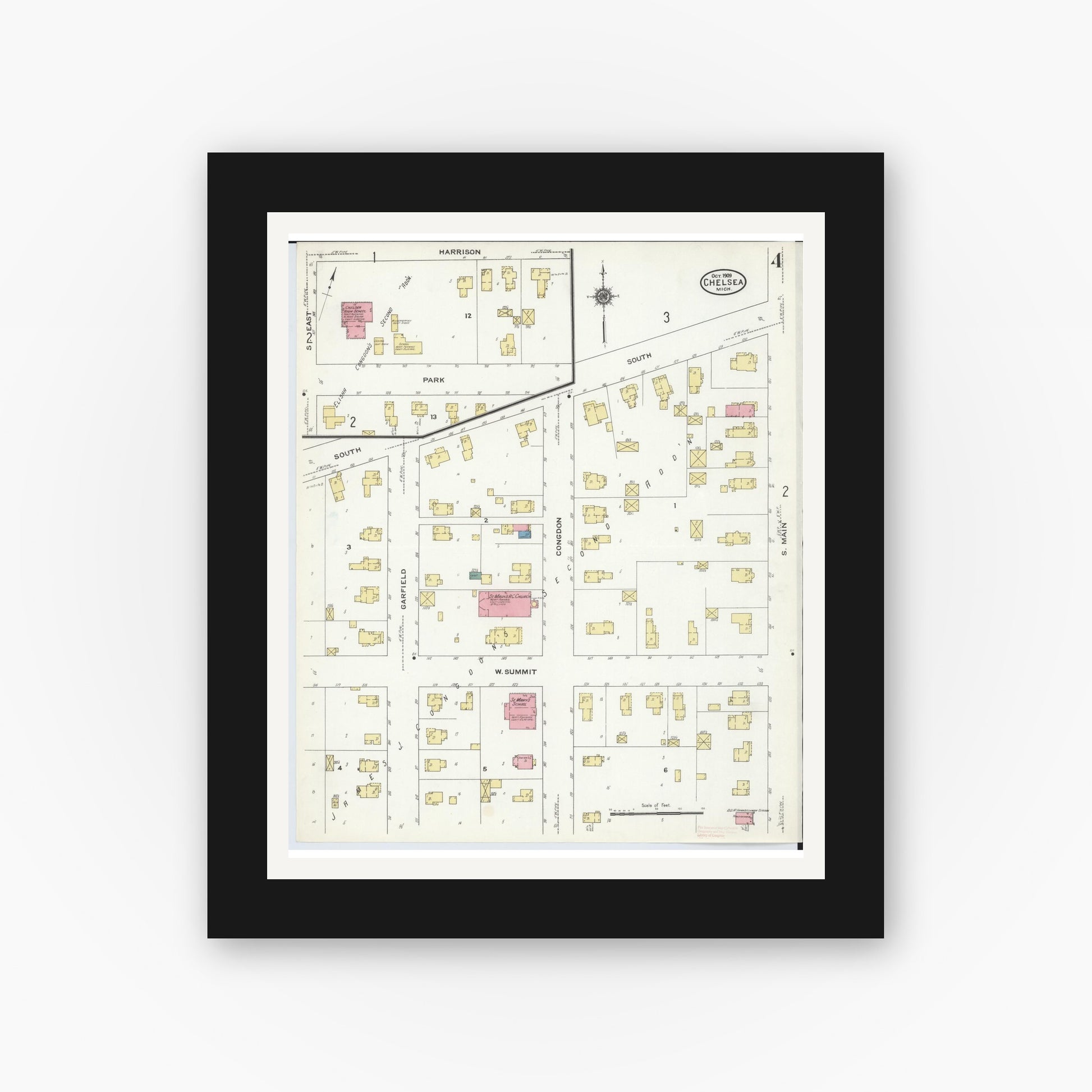 Old map wall art mockup — black gallery frame with white mat — Sanborn Fire Insurance Map from Chelsea, Washtenaw County, Michigan (1909), Sheet #0004