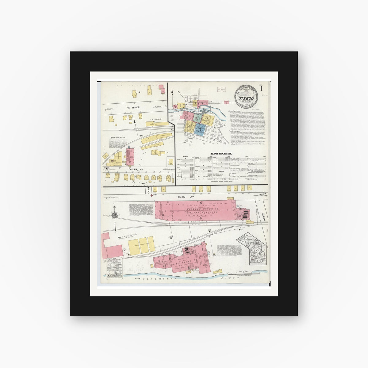 Old map wall art mockup — black gallery frame with white mat — Sanborn Fire Insurance Map from Otsego, Allegan County, Michigan (1918), Sheet #0001