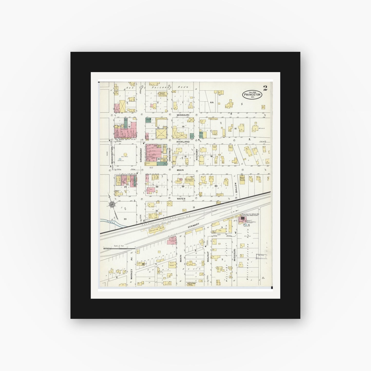 Old map wall art mockup — black gallery frame with white mat — Sanborn Fire Insurance Map from Princeton, Mercer County, Missouri (1909), Sheet #0002