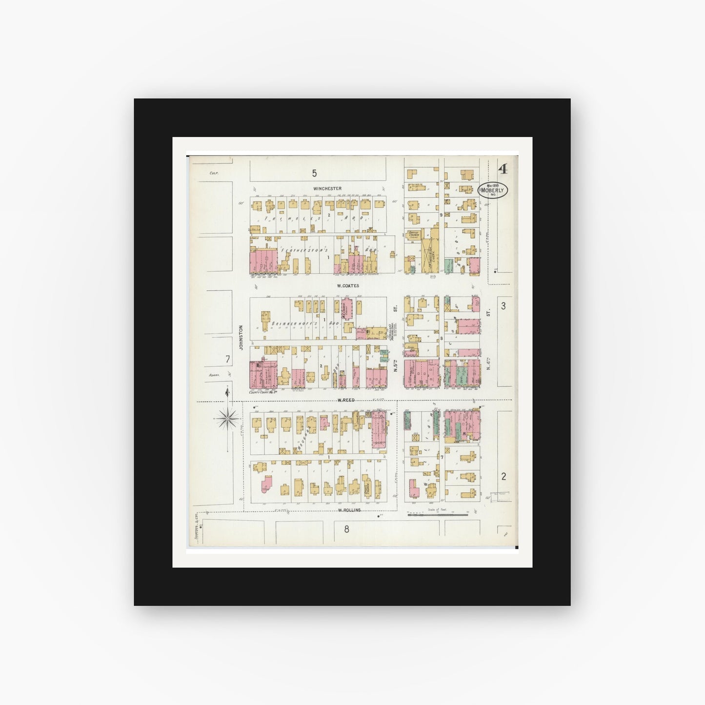 Old map wall art mockup — black gallery frame with white mat — Sanborn Fire Insurance Map from Moberly, Randolph County, Missouri (1899), Sheet #0004