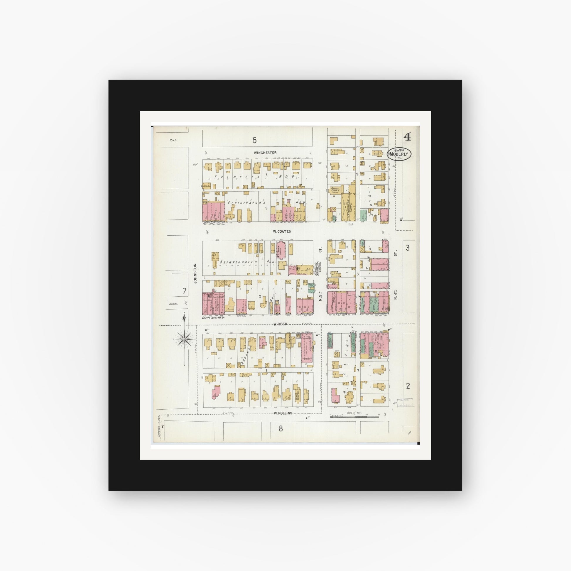 Old map wall art mockup — black gallery frame with white mat — Sanborn Fire Insurance Map from Moberly, Randolph County, Missouri (1899), Sheet #0004