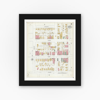 Old map wall art mockup — black gallery frame with white mat — Sanborn Fire Insurance Map from Moberly, Randolph County, Missouri (1899), Sheet #0004