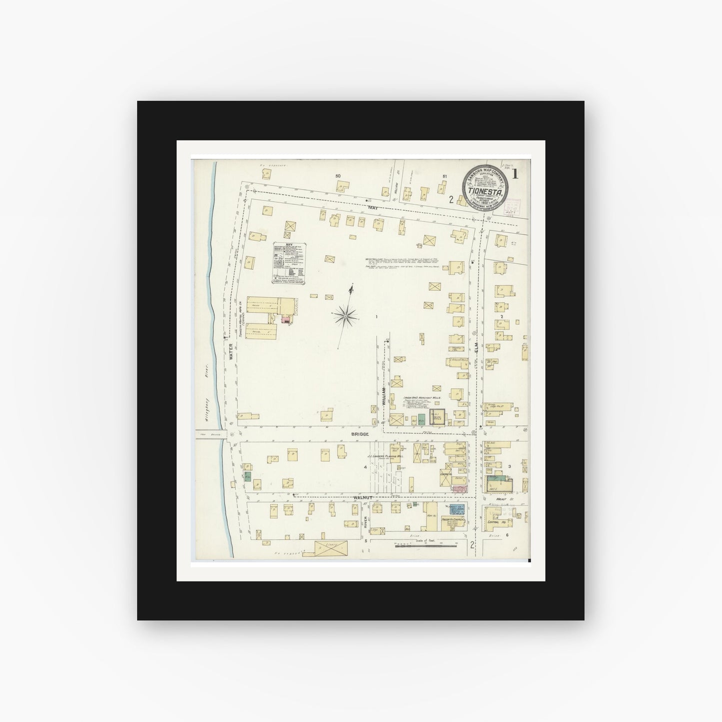 Old map wall art mockup — black gallery frame with white mat — Sanborn Fire Insurance Map from Tionesta, Forest County, Pennsylvania (1906), Sheet #0001