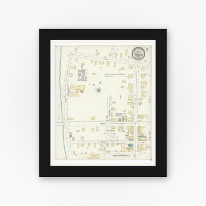 Old map wall art mockup — black gallery frame with white mat — Sanborn Fire Insurance Map from Tionesta, Forest County, Pennsylvania (1906), Sheet #0001