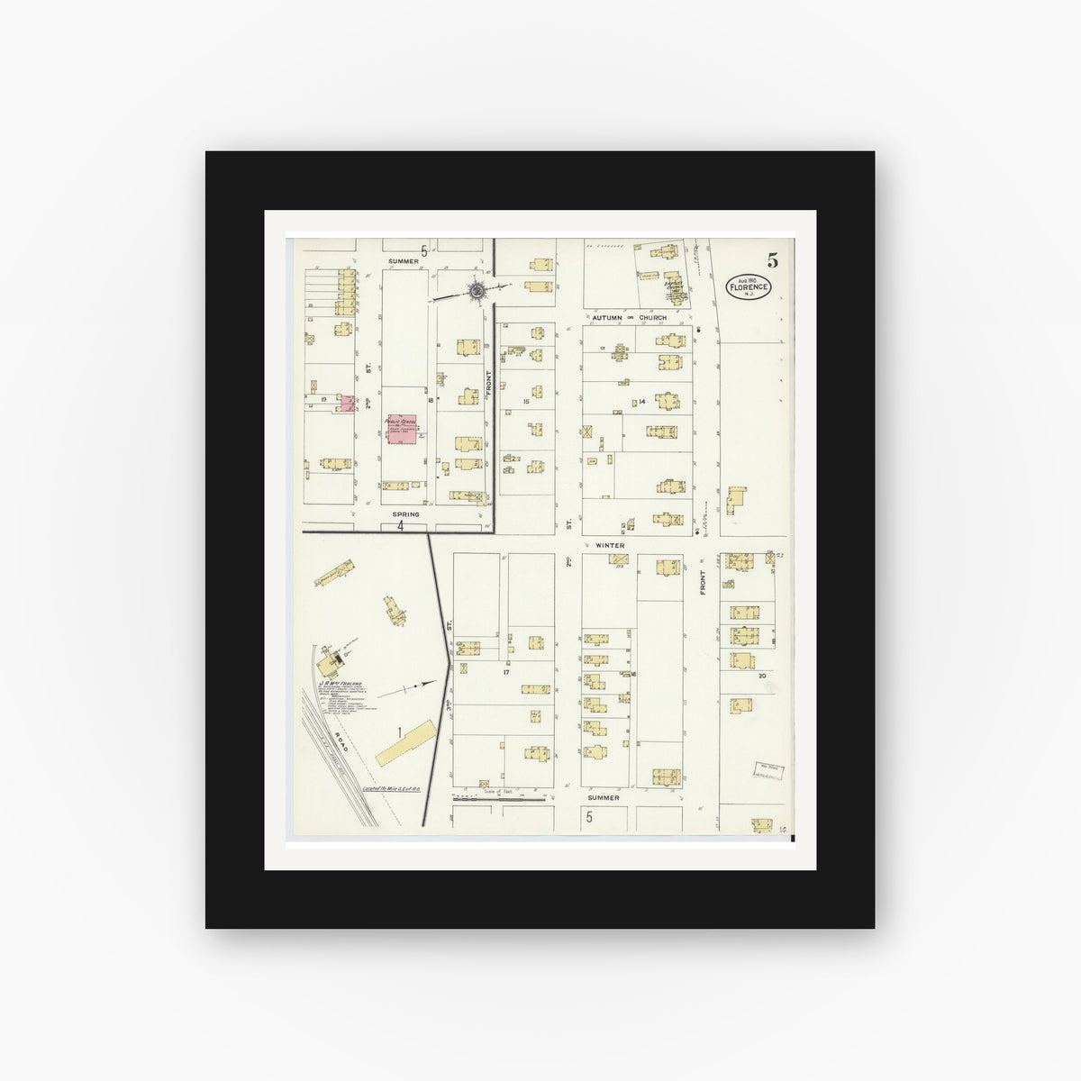 Old map wall art mockup — black gallery frame with white mat — Sanborn Fire Insurance Map from Florence, Burlington County, New Jersey (1910), Sheet #0005