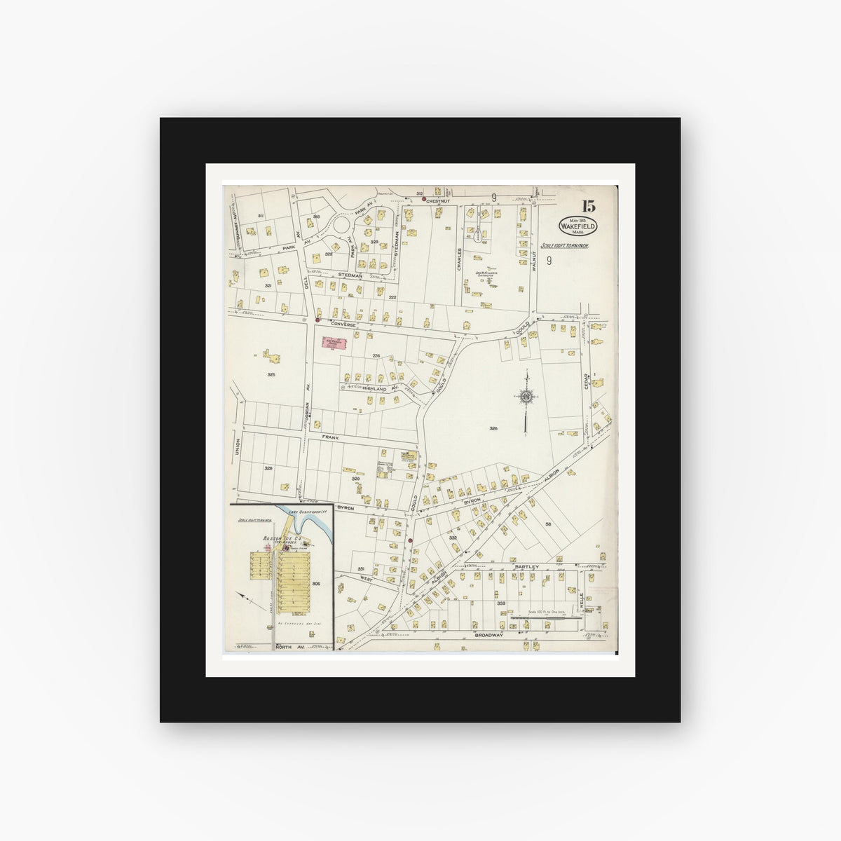 Old map wall art mockup — black gallery frame with white mat — Sanborn Fire Insurance Map from Wakefield, Middlesex County, Massachusetts (1915), Sheet #0015