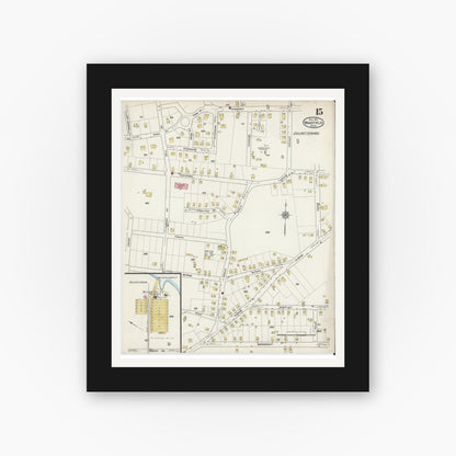 Old map wall art mockup — black gallery frame with white mat — Sanborn Fire Insurance Map from Wakefield, Middlesex County, Massachusetts (1915), Sheet #0015
