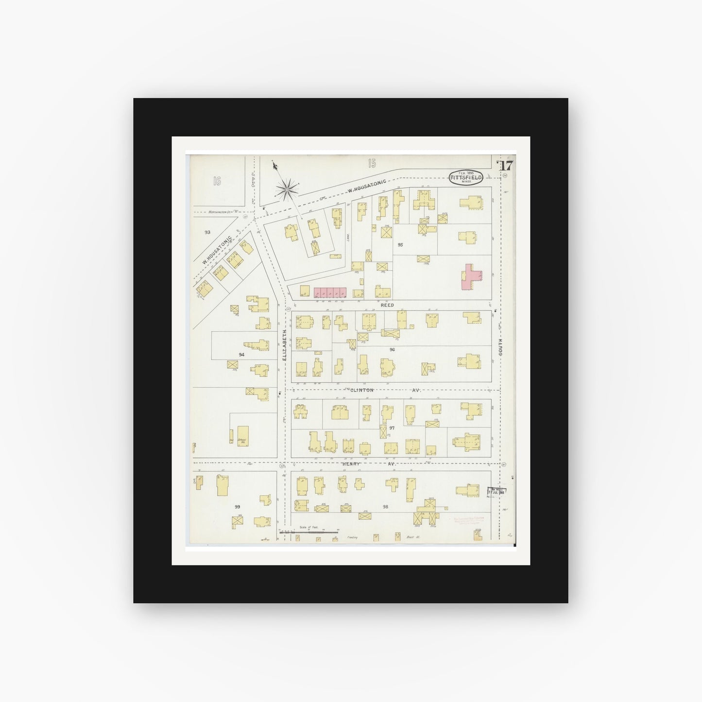 Old map wall art mockup — black gallery frame with white mat — Sanborn Fire Insurance Map from Pittsfield, Berkshire County, Massachusetts (1895), Sheet #0017