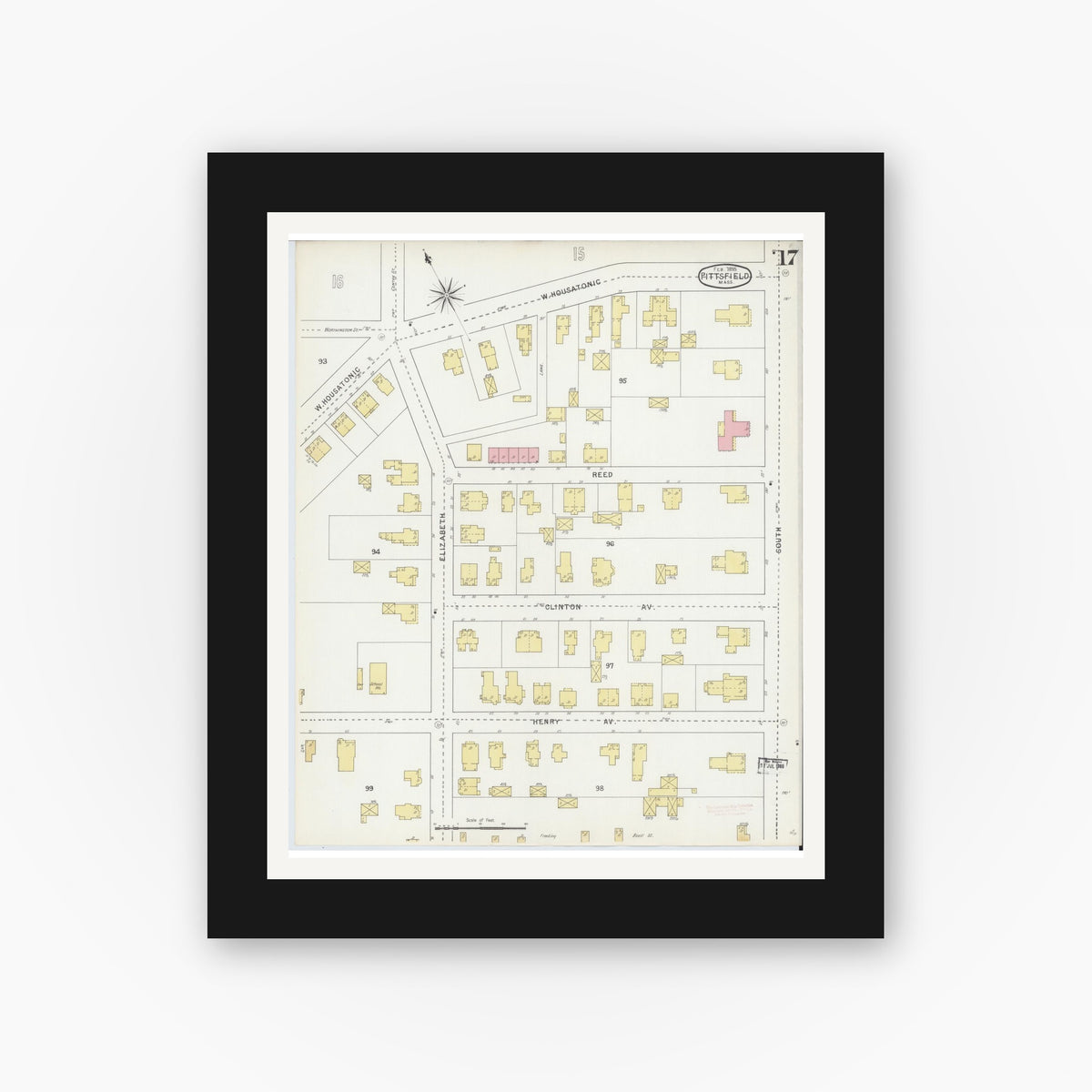 Old map wall art mockup — black gallery frame with white mat — Sanborn Fire Insurance Map from Pittsfield, Berkshire County, Massachusetts (1895), Sheet #0017