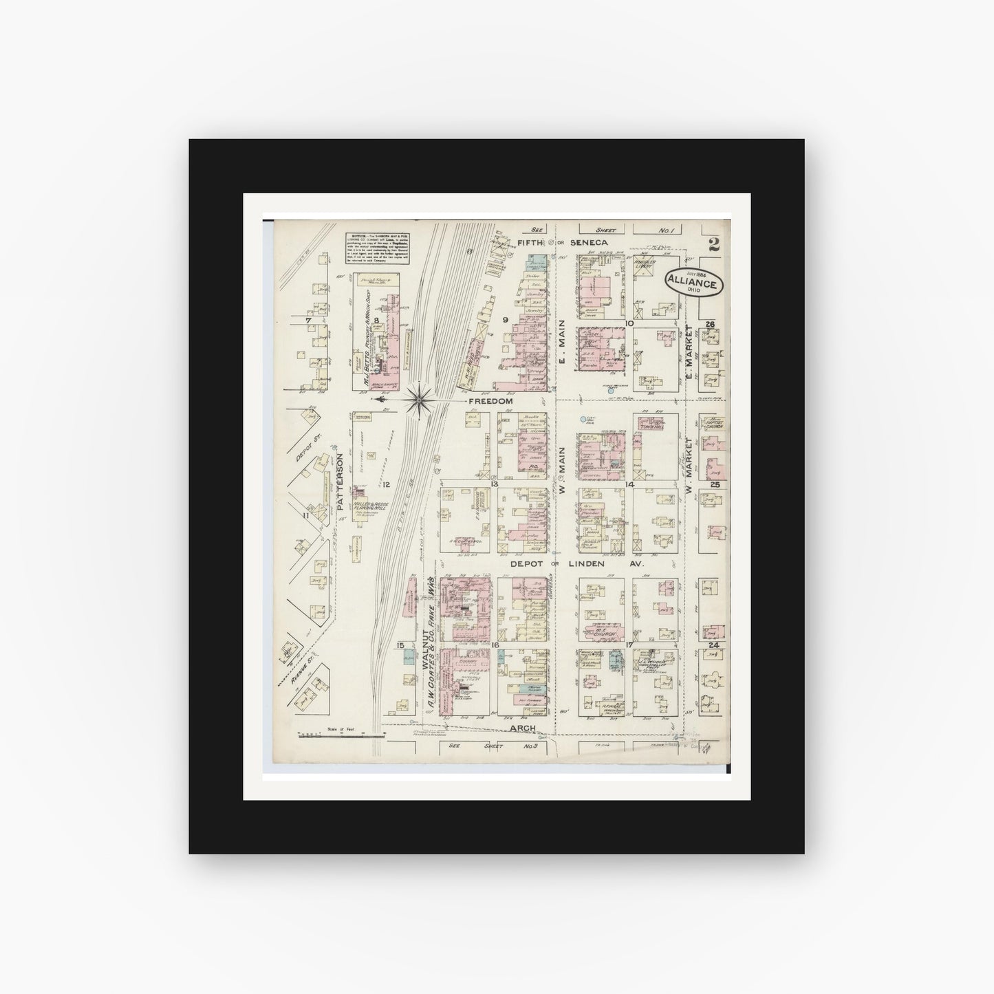 Old map wall art mockup — black gallery frame with white mat — Sanborn Fire Insurance Map from Alliance, Stark County, Ohio (1884), Sheet #0002