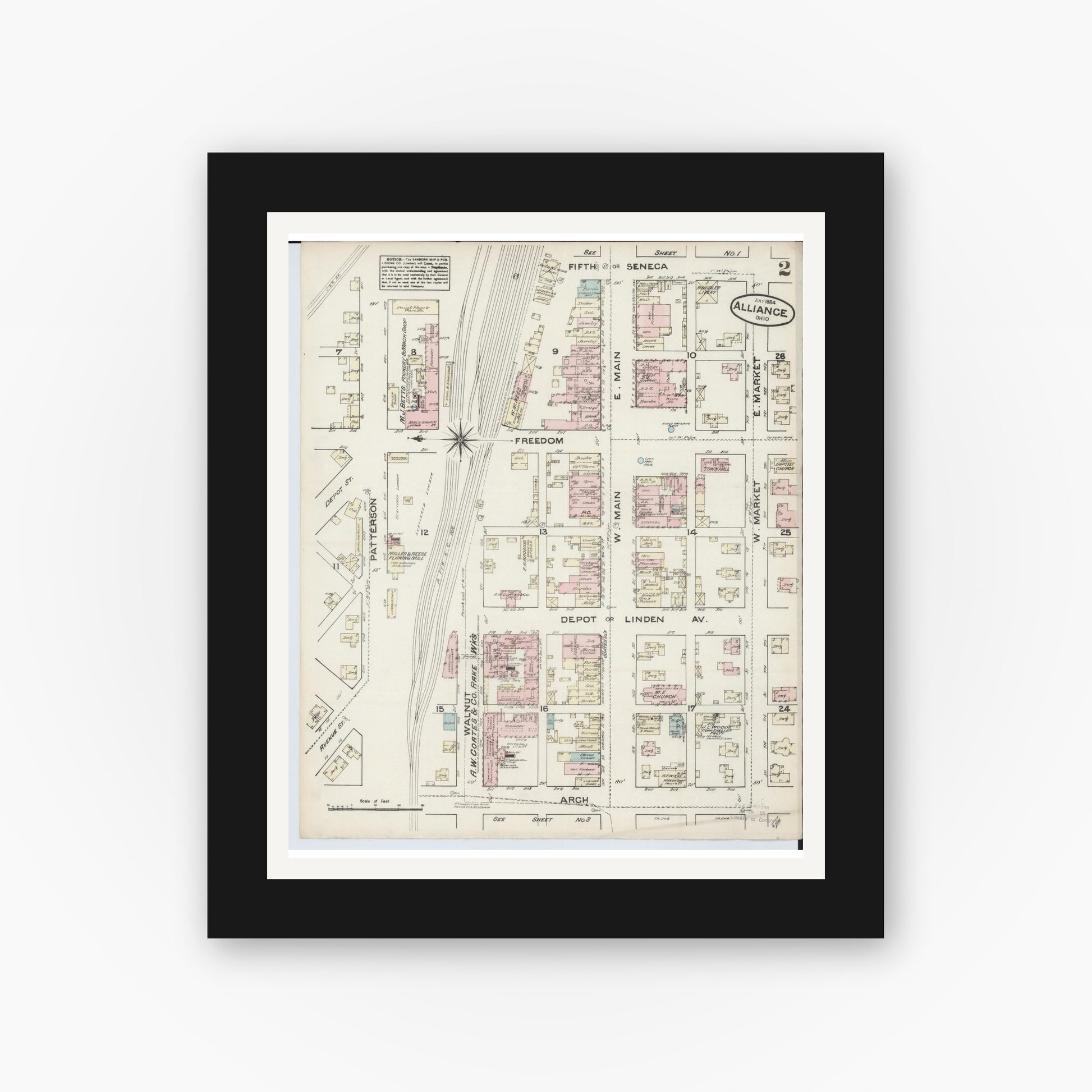 Old map wall art mockup — black gallery frame with white mat — Sanborn Fire Insurance Map from Alliance, Stark County, Ohio (1884), Sheet #0002