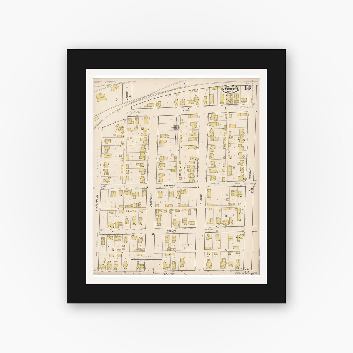 Old map wall art mockup — black gallery frame with white mat — Sanborn Fire Insurance Map from Marinette, Marinette County, Wisconsin (1921), Sheet #0013