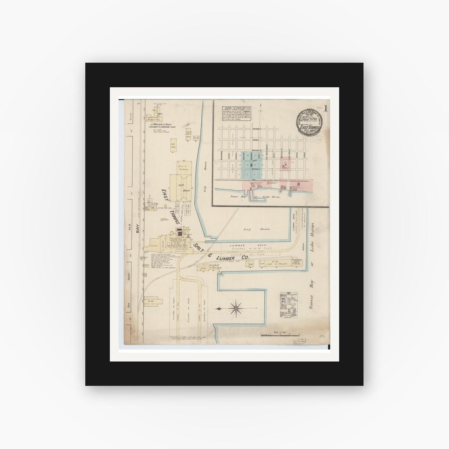 Old map wall art mockup — black gallery frame with white mat — Sanborn Fire Insurance Map from East Tawas, Iosco County, Michigan (1884) - Complete Map Set