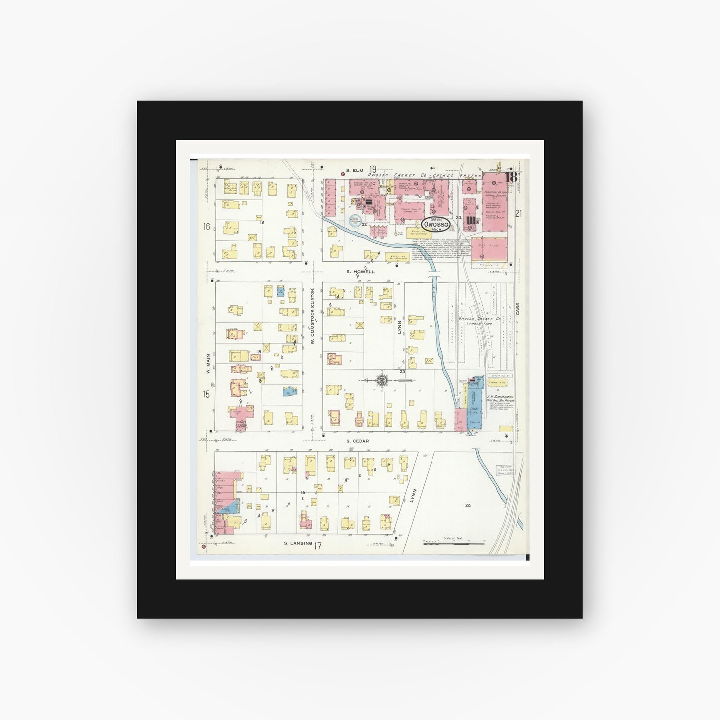 Old map wall art mockup — black gallery frame with white mat — Sanborn Fire Insurance Map from Owosso, Shiawassee County, Michigan (1915), Sheet #0018